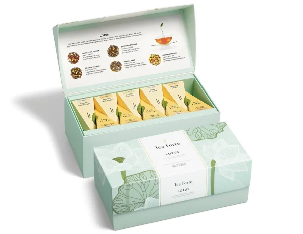 Cutie cadou ceai verde Tea Forté Lotus cu piramide artizanale, ambalaj elegant, selecție premium pentru relaxare și mindfulness