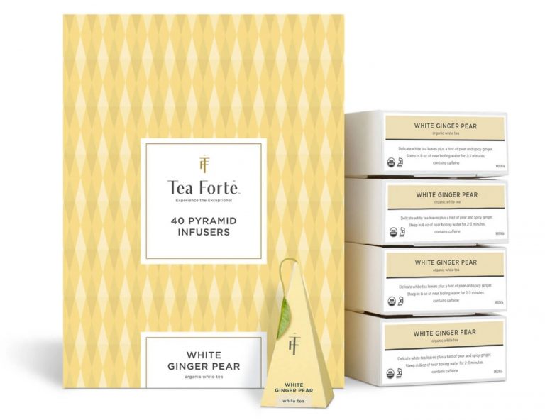 Ceai alb ECO cu ghimbir și pere, White Ginger Pear – cutie cu 40 de piramide de ceai