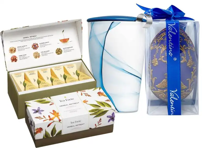 Coș Cadou: ceai, cană și ciocolată belgiană Valentino Blue Retreat – Tea Forte