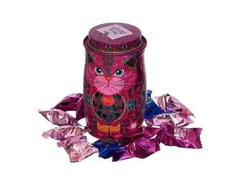 Cutie metalica cu trufe din ciocolata neagra Monty Bojangles Persian Pink Cat Choccy Scoffy 135g