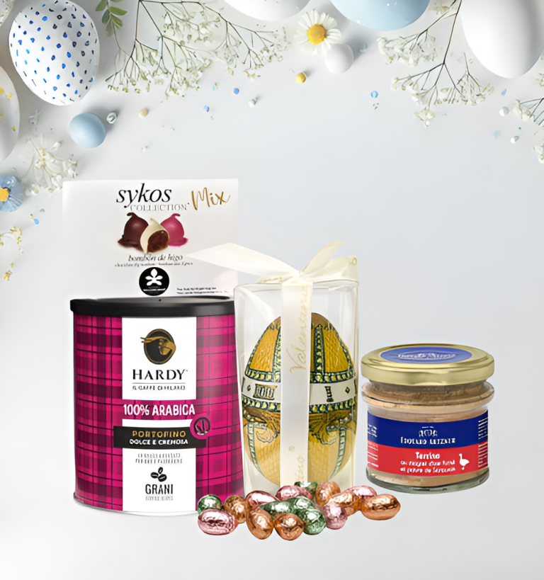 Coș Cadou: cafea, terină de gâscă, smochine în ciocolată și praline belgiene Valentino Sykos