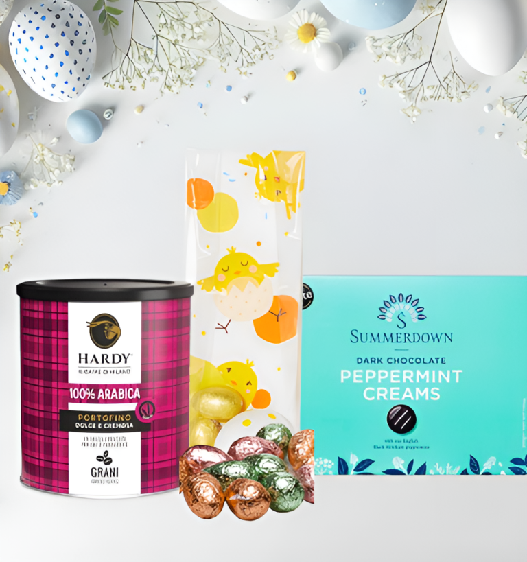 Coș Cadou: cafea, ciocolată cu mentă și praline belgiene Valentino Summer – Tea Forte