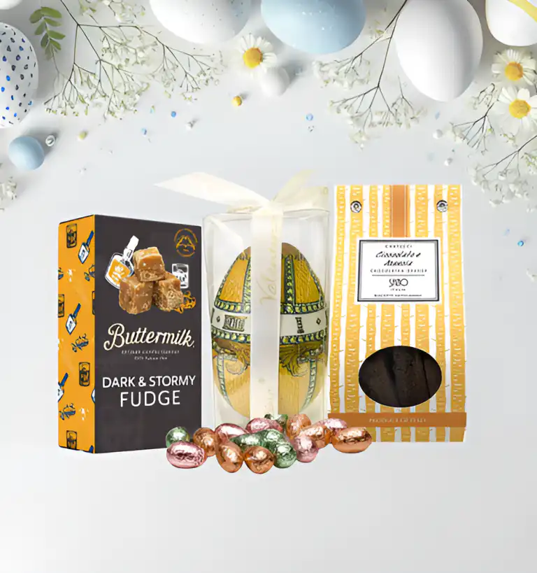 Coș Cadou: biscuiți, caramele și praline belgiene Valentino Dark