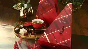 Set cadou de Crăciun Tea Forté Warming Joy cu cană roșie Café Cup, piramide de ceai premium și delicatese, ambalaj festiv