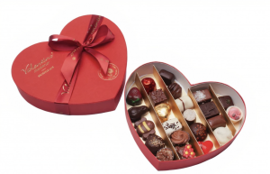 Cadou Valentine’s Day 2026 cu ciocolată belgiană Valentino în cutie în formă de inimă