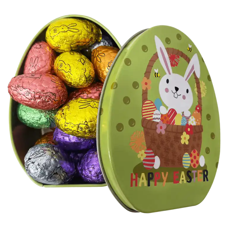 Cutie metalica cu ciocolata belgiana, Scatola Egg 200g